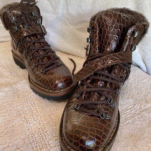 Ovadia & Sons Crocodile Leather Hiking Boots, Brown, Men's 9.5